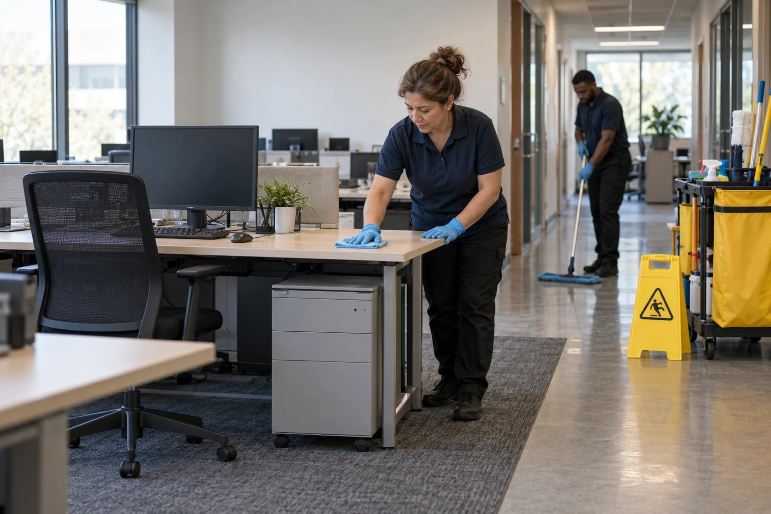 AI-generated illustration of commercial cleaning in action; not actual VBC staff or work