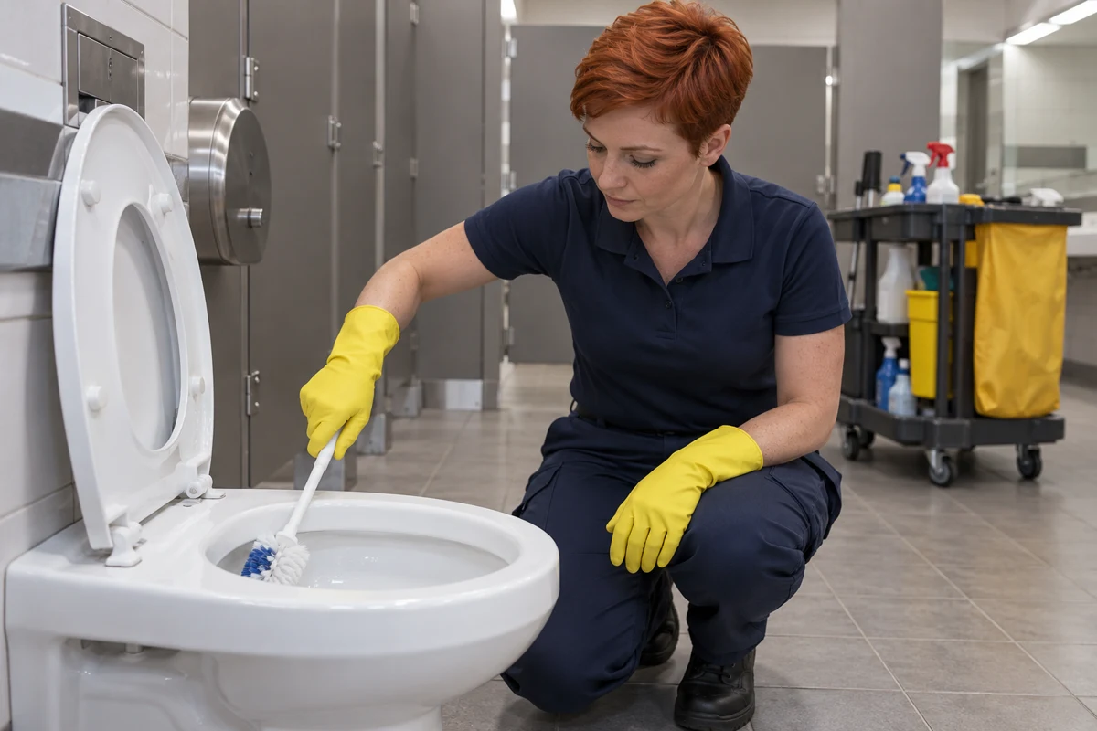 Illustrative image: Short-haired redheaded cleaner scrubbing a commercial toilet with a long-handled toilet brush; not actual VBC staff or work