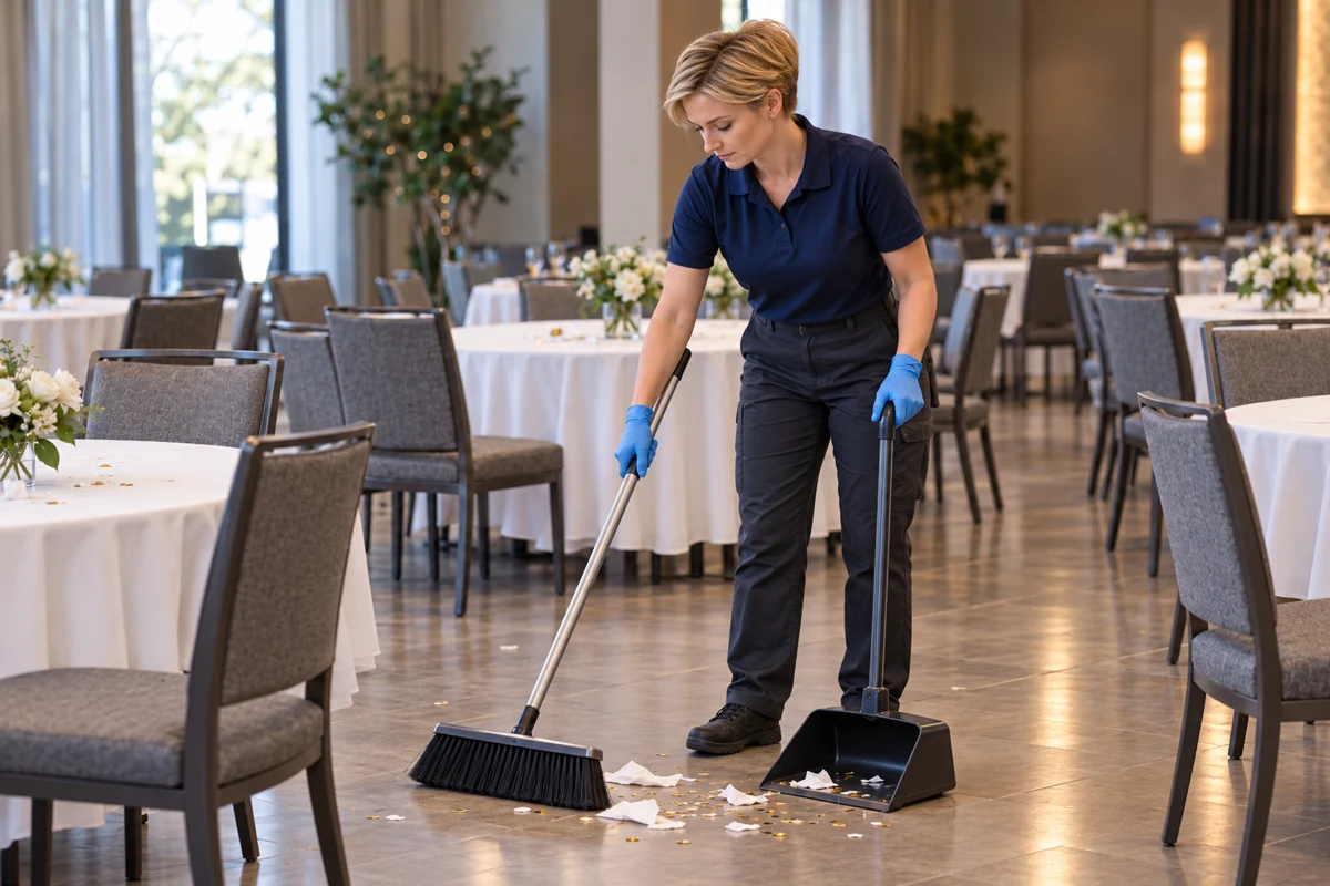 Illustrative image: short-haired blonde cleaner sweeping after an event with a push broom; not actual VBC staff or work