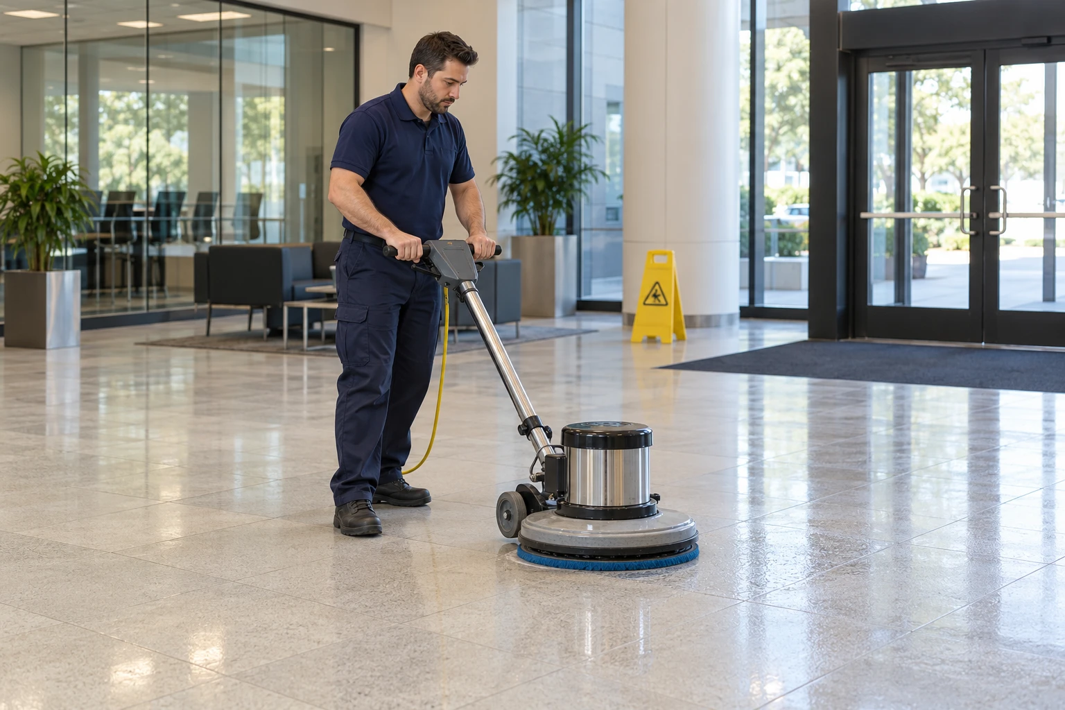 Illustrative image: Floor care professional operating a single-disc rotary scrubber in a commercial lobby; not actual VBC staff or work
