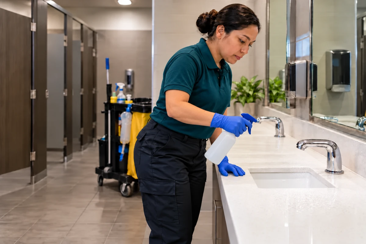 Illustrative image: Janitor holding a professional trigger spray bottle beside a commercial restroom counter; not actual VBC staff or work