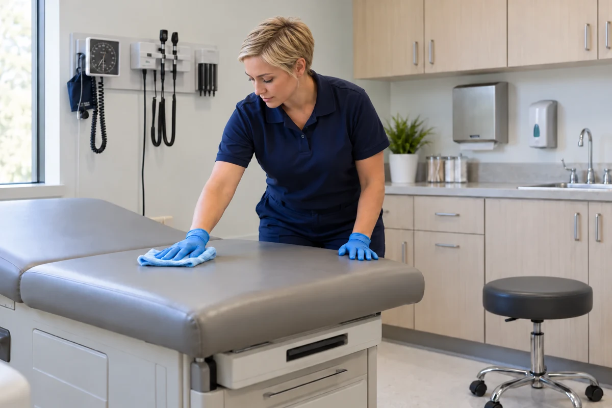 Illustrative image: Blonde cleaner wiping an examination table in a medical clinic exam room; not actual VBC staff or work