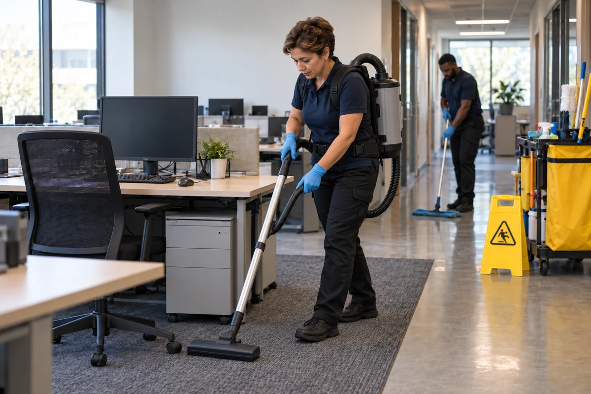 Illustrative image: Cleaner using a commercial backpack vacuum on office carpet while a colleague mops the corridor; not actual VBC staff or work