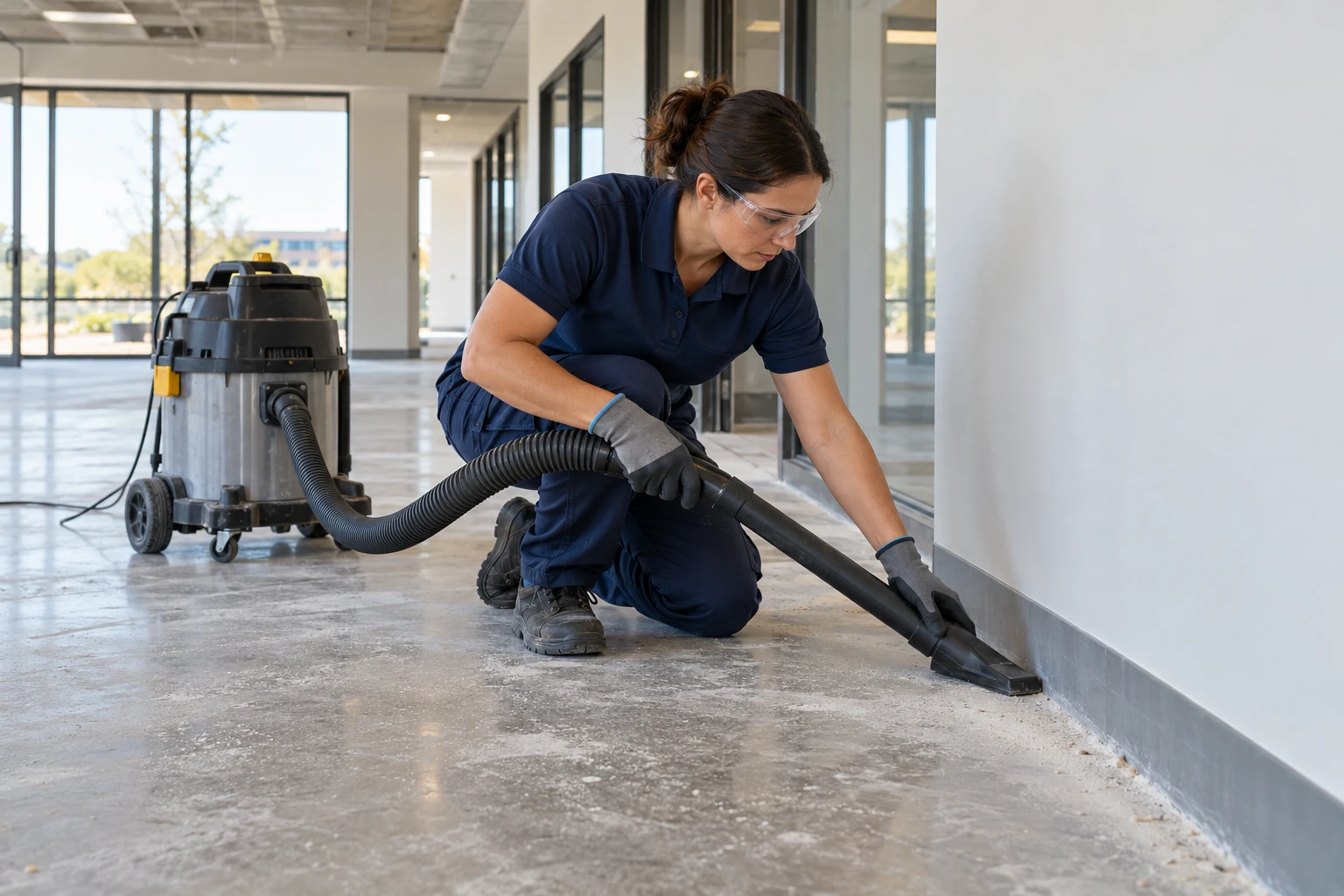 Illustrative image: Cleaner vacuuming construction dust along a renovated commercial suite baseboard; not actual VBC staff or work