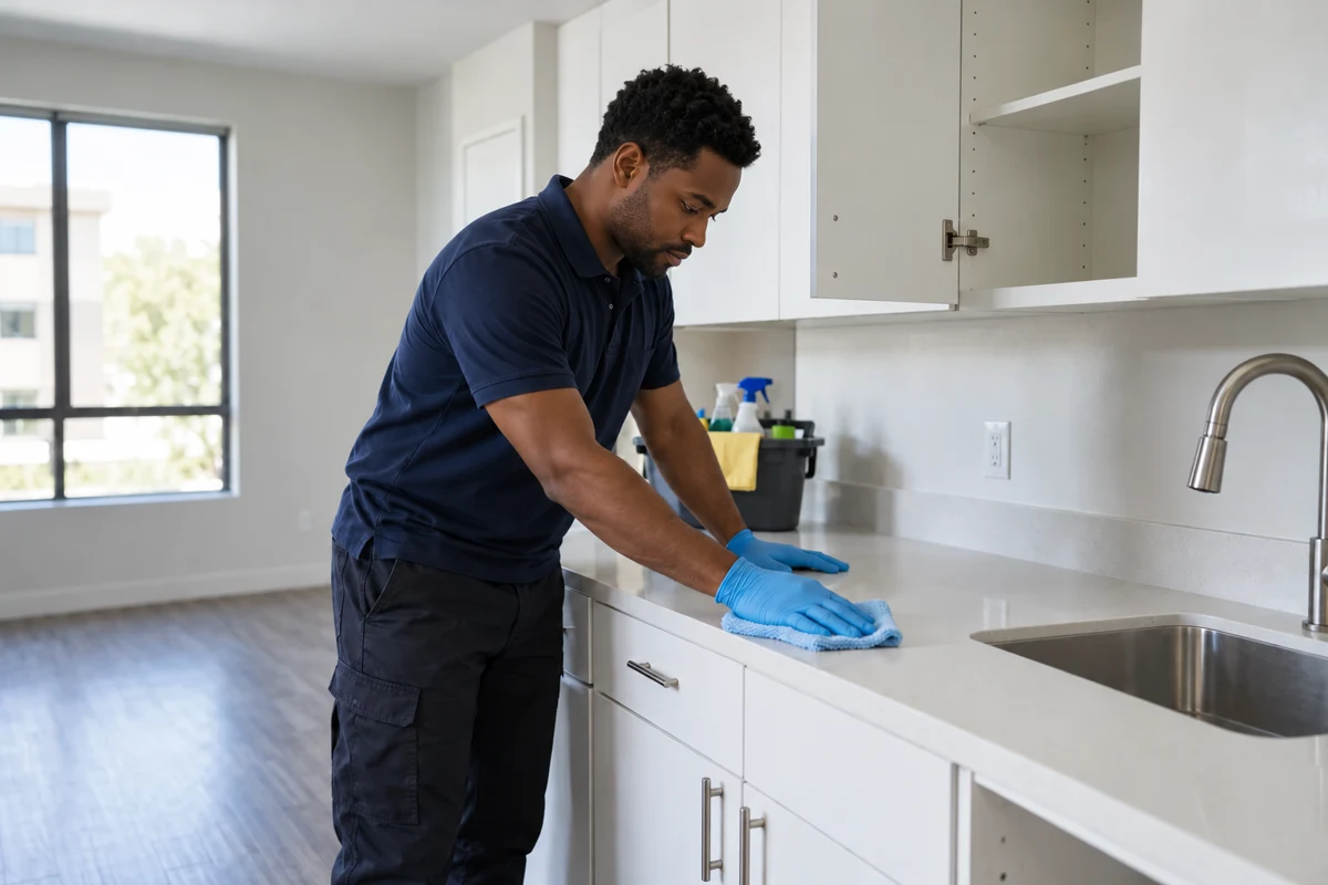 Illustrative image: Black cleaner preparing a vacant apartment kitchen; not actual VBC staff or work