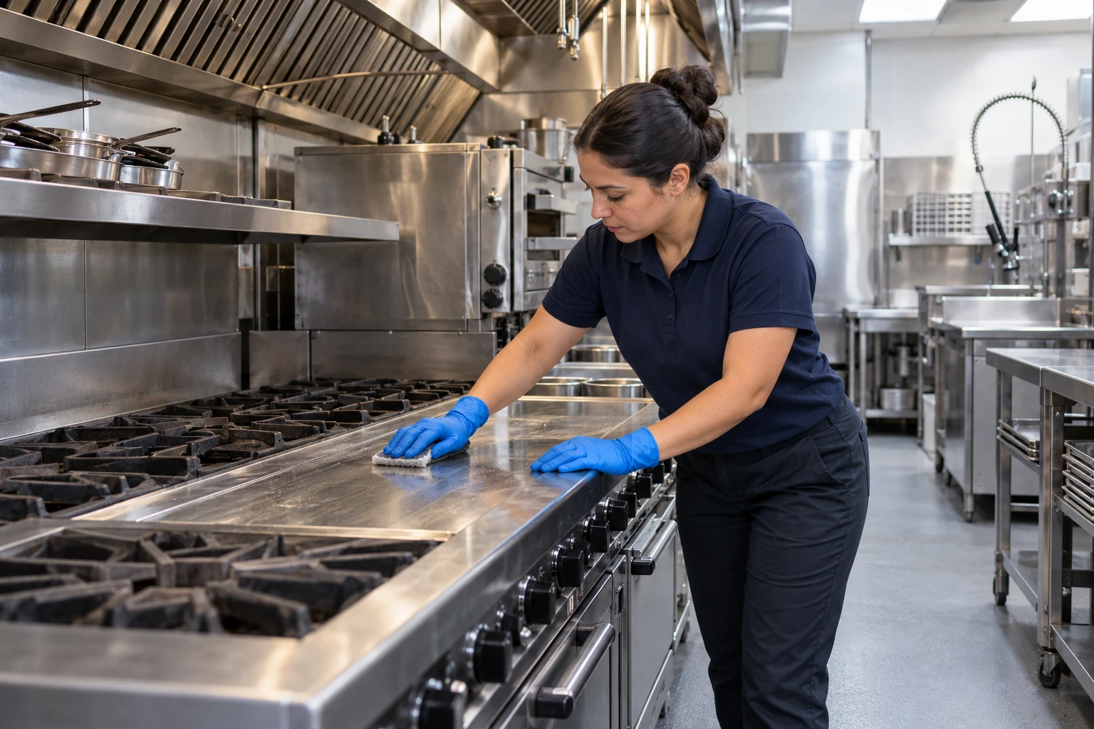 Illustrative image: Cleaner scrubbing a stainless steel range in a restaurant commercial kitchen; not actual VBC staff or work